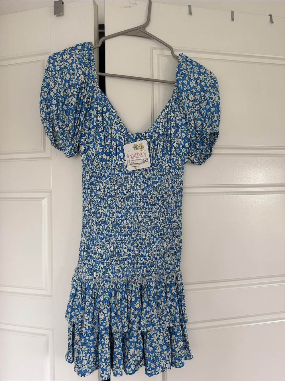 Cattivo Blue Floral Smocked Puff-Sleeve Mini Dress